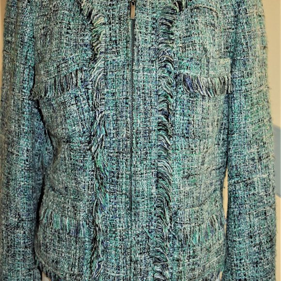 Green Chanel-style zip jacket with fringe detailing by INC.  Size 10/ - Picture 1 of 9